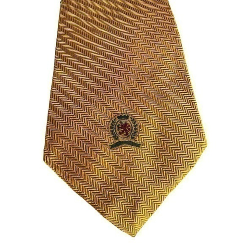 Tommy Hilfiger Crest Tie Vintage Imported Luxury Silk Yellow Gold shadow stripe